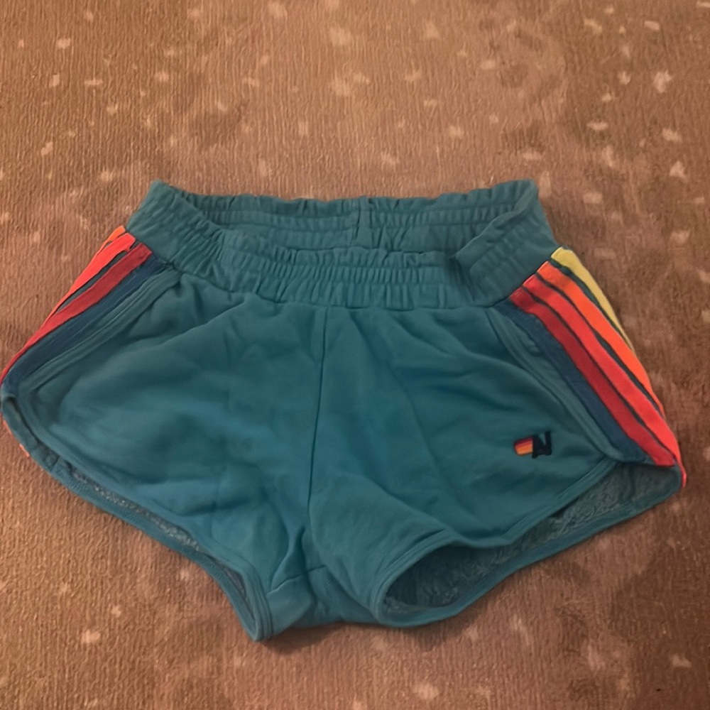 Aviator nation woman, five striped joggers shorts, aqua blue with neon stripes